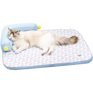 All-Season Ice Fabric Cat Bed with Cushioned Pillow/Play Ball/Washable Mat for Cats, Kittens & Small Pets (Blue, 21"x15"x4")