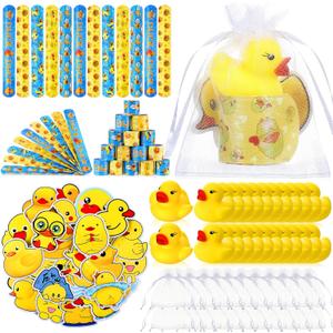 Realspring 122 Pcs Duck Party Favors 24 Pcs Mini Rubber Duck Slap Bracelets Stickers White Organza Bags Cute Gifts Supplies for Birthday Shower Prizes Decorations