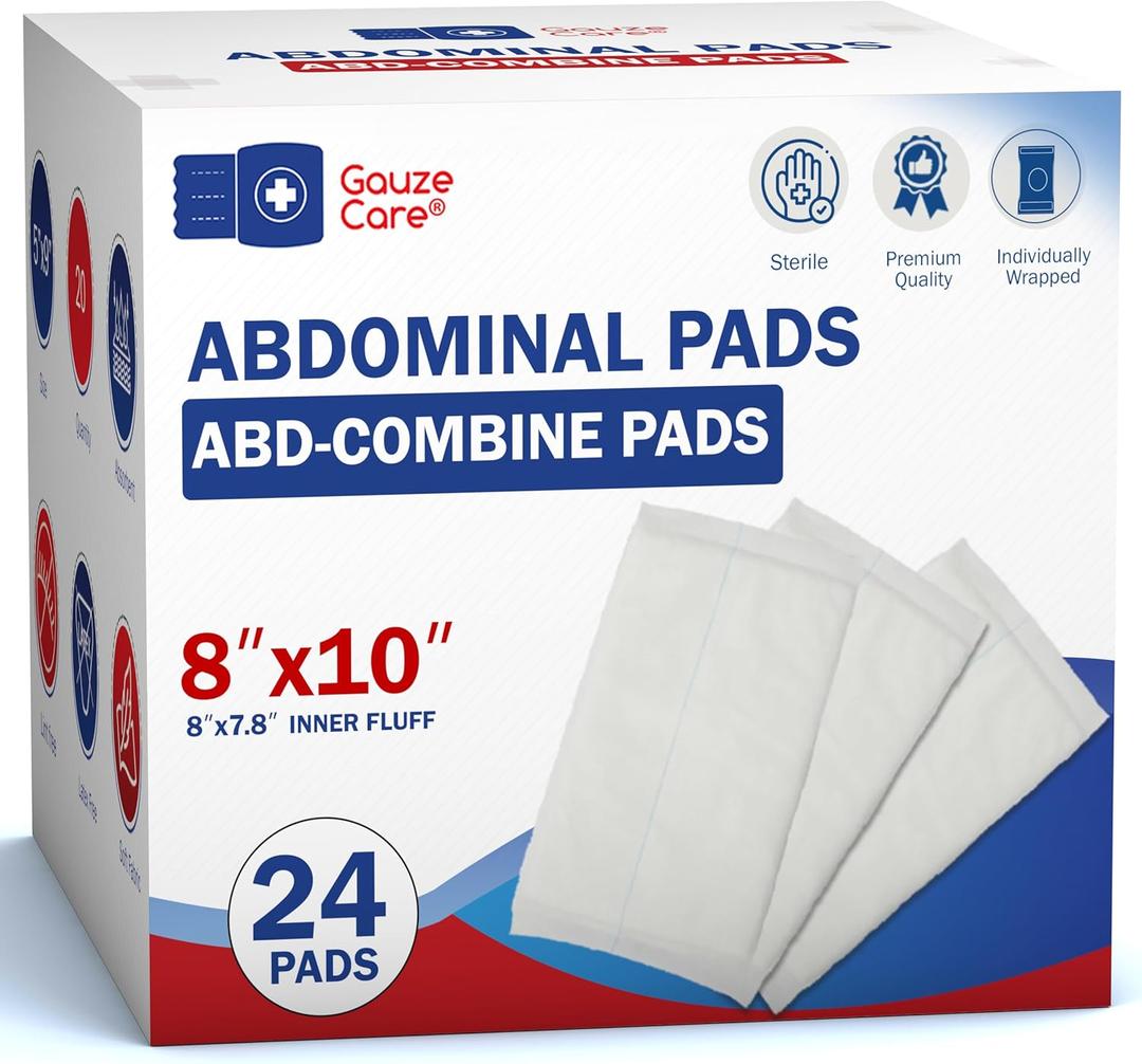 GauzeCare Sterile Abdominal- ABD Combine Pads| 24-Pack, 8x10 Inches| Extra Absorbent & Thick, Individually Wrapped Wound Dressing, First Aid Pads| Surgical-Grade, Nonstick- for Heavy Leakage, Post Op