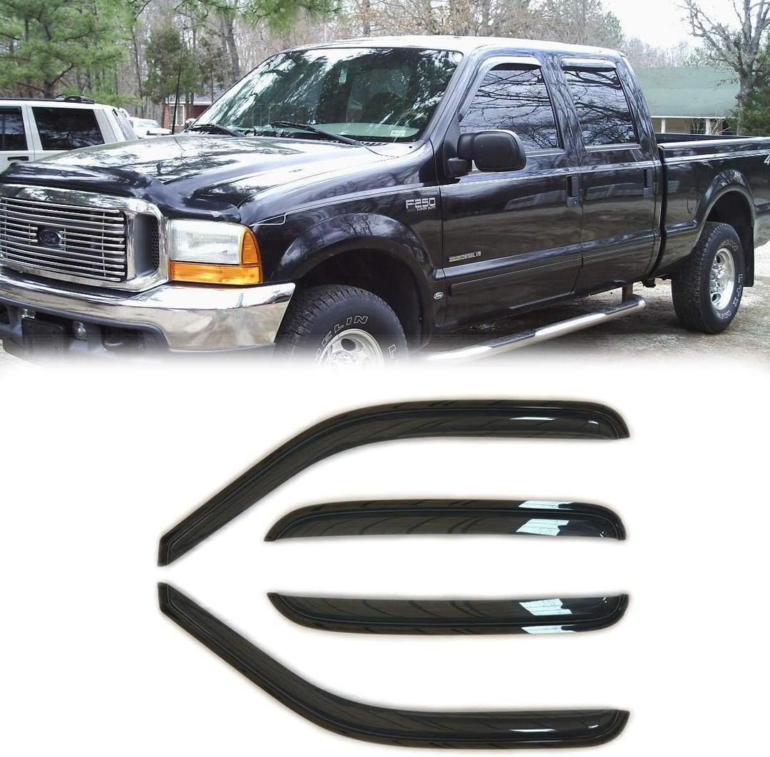 94522 Side Window Wind Vent Deflector, 4pcs Out-Channel Tape-On Rain Guards Set, Dark Smoke Nice Window Visor fit for 1999-2016 Ford F250/F350/F450 Super Duty Super Extended Cab (99-16 SuperCab/Extended Cab)