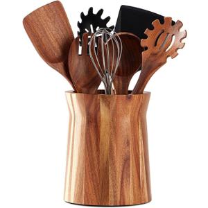 Wooden Utensil Holder for Countertop, 360 Rotating Kitchen Utensil Holder, 7.2"x 6" Large Acacia Wood Crock, Farmhouse Kitchen Decor