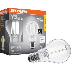 Sylvania A19 Clear LED White Filament Bulb, 11.5W, Dimmable, 1500 LMS, Medium Base, 2700K, Soft White - 2 Pack (42172)