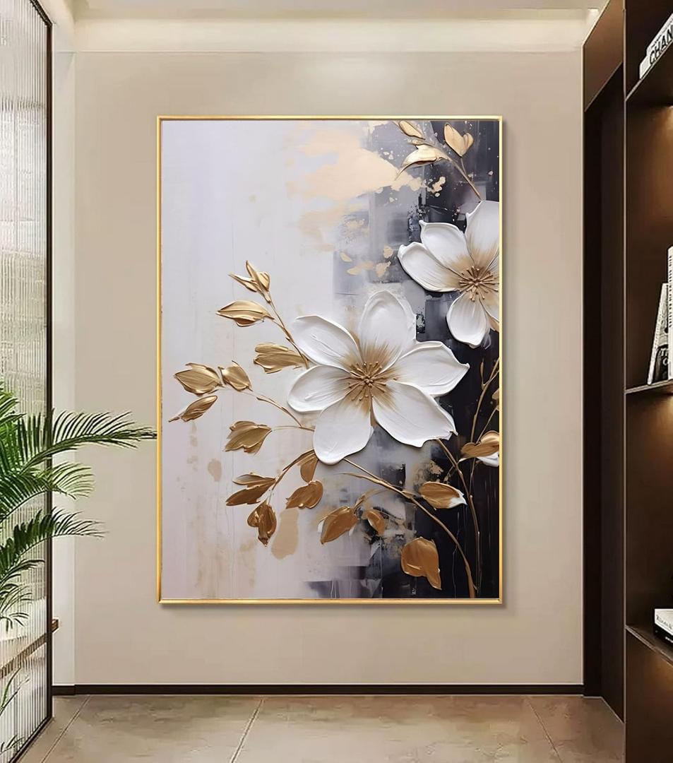 3D Textured Flower Wall Art for Living Room, Hand-Painted White and Black Floral Oil Painting for Bedroom,Framed Large Floral Artwork for Office Home Decor 28x40 inches (28L" x 40W")
