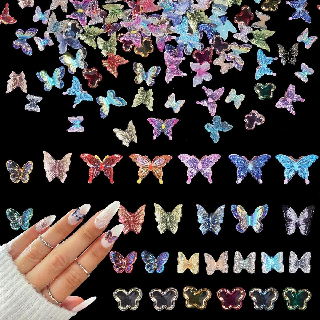 200 Pcs Acrylic Butterfly 3D Assorted Nail Charms Mixed Color Variety Butterfly Cute Nail Art Charms for Manicure DIY Crafts Accessories Jewelry