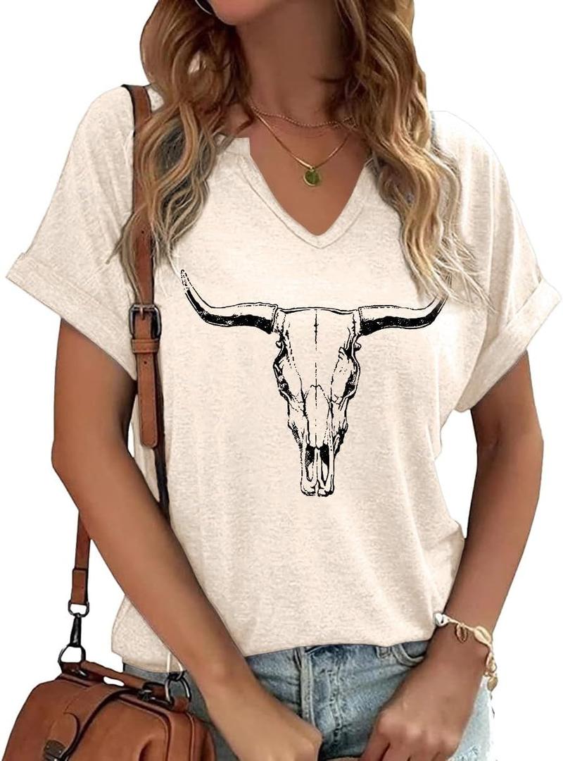 Summer Sexy V-Neck Vintage Western Rodeo Cowboy Steer Skull Shirt for Women Casual Boho Cowgirl Boots Graphic Tees (Beige, M)