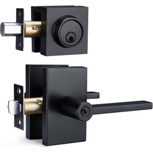SNBTLA Matte Black Entry Door Handle Set  Modern Rectangular Lever with Single Cylinder Deadbolt, Reversible for Right & Left Handed Doors, Heavy Duty Front Door Lock for Home Office Security