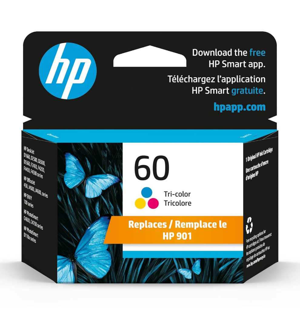 HP 60 Tri-color Ink Cartridge | Works with DeskJet D1660, D2500, D2600, D5560, F2400, F4200, F4400, F4580; ENVY 100, 110, 120; PhotoSmart C4600, C4700, D110a Series | CC643WN
