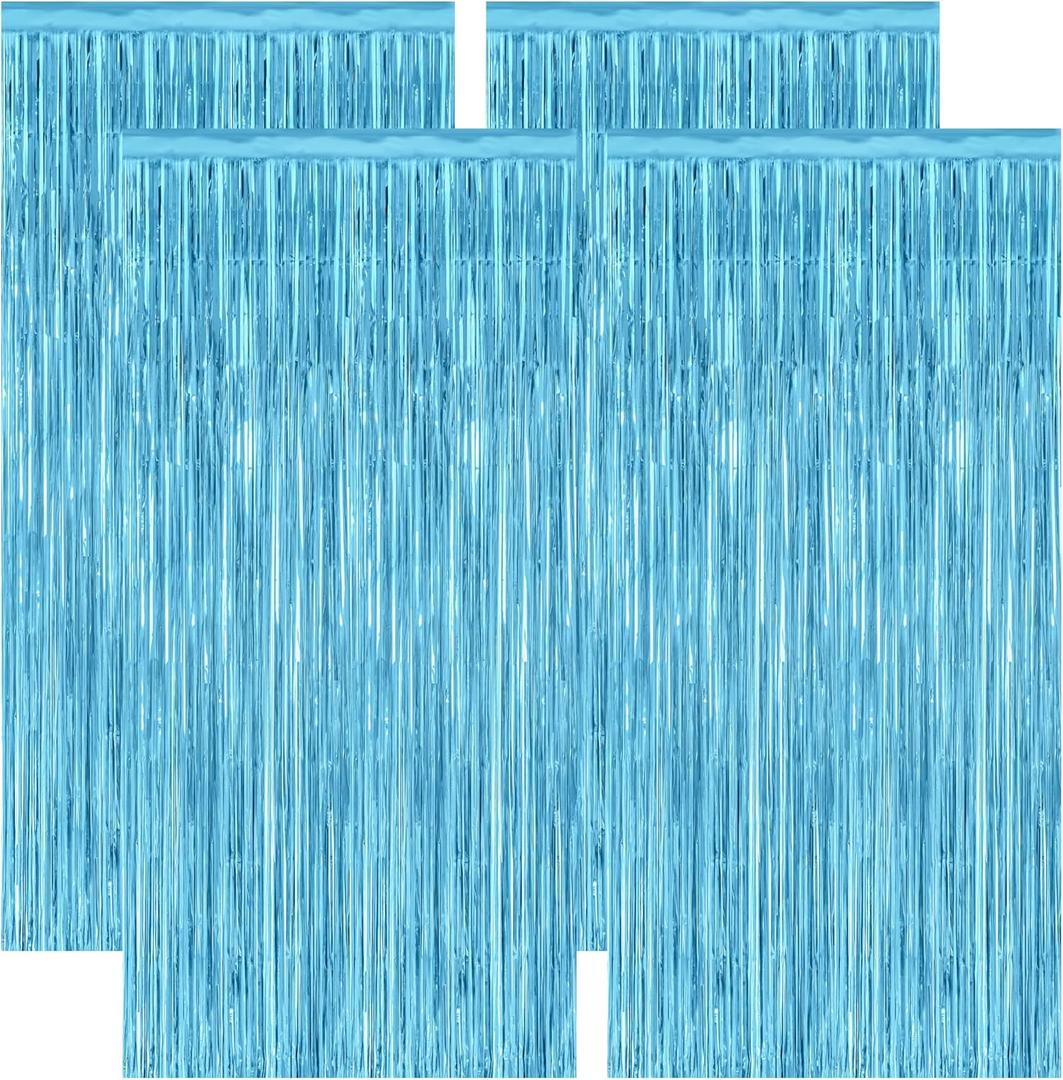 4 Pack Party Decorations, 3.28 FT x 7.05 FT Blue Foil Streamers, Metallic Sky Blue Backdrop Fringe Curtains Birthday Back Drop, Winter Backdrop for Party Supplies Door Decor Hanging