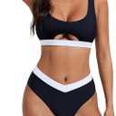 SUUKSESS Women Cutout Color Block Bikini Sets Sexy High Cut 2 Piece Bathing Suit (Medium, Black White)