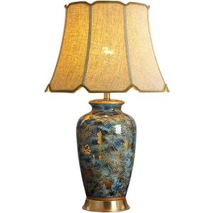 Blue Hand-Painted Ceramic Table Lamp Gold Flower Beside Lamps American Halo Ceramic Lamp Body with Fabric lampshade Nightstand for Living Room Bedroom Home Office