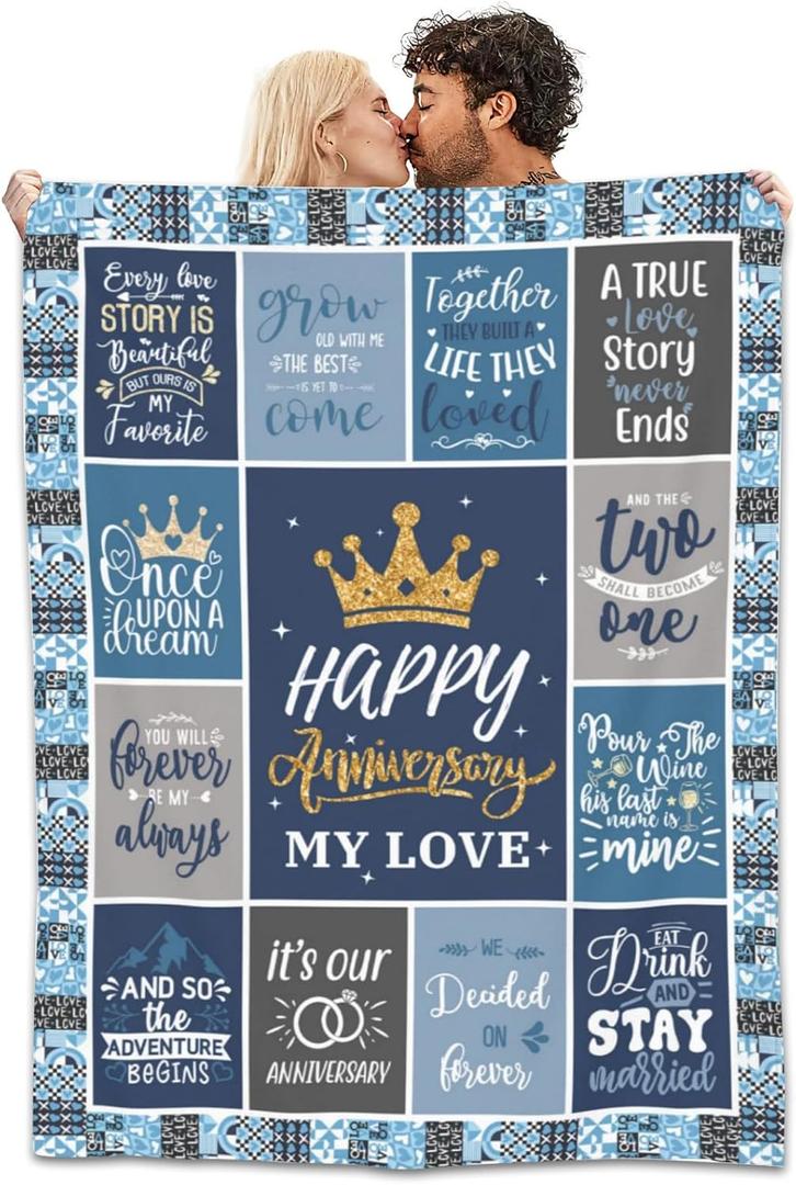 Gifts for Wife Blanket for Men Women Wife Her Couple,Blue Romantic Marriage Gifts for Her Throw Blanket,Happy Anniversary to My Wife from Husband, Valentines Gift Idea 50"x 60"
