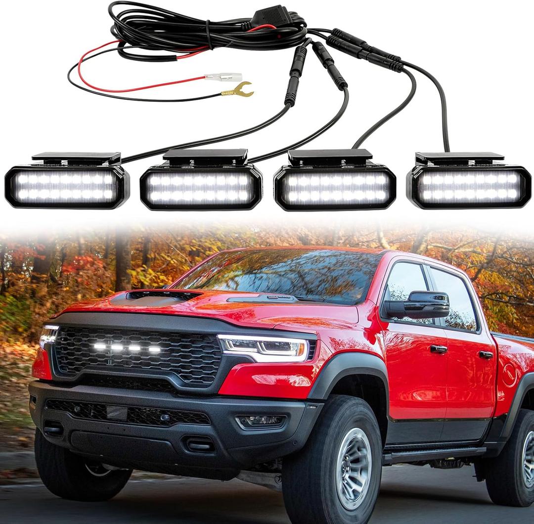 4PCS LED Grille Lights, Universal Clip-On Car Front White Grill Lights, with Wiring Harness & Fuse, Compatible with Dodge Ram 1500 GMC Sierra Jeep Silverado Ford F150 Raptor Toyota 4Runner