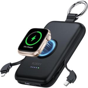 RORRY Portable Charger, 10000mAh PD 20W Fast Charging Portable Charger Power Bank with Built in Cables, Travel Battery Pack for iPhone 17/16/15/14/13/12 and Apple Watch Ultra/11/10/9/8/7/6/5, Black