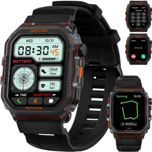 Military Smart Watch for Men (Answer/Make Calls), 1.75'' Smart Watch for Android and iPhone, Fitness Watch with 100+ Sports Modes, IP68 Waterproof, GPS/Heart Rate/Sleep/Stress, Watches for Men (Black)