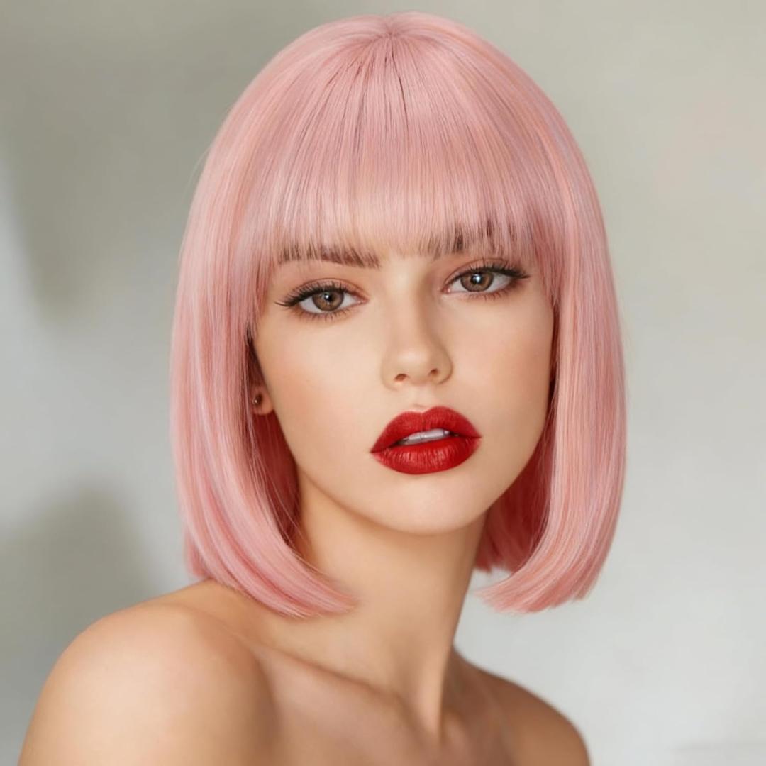 Svolna Short Bob Wig with Bangs, Synthetic Straight Hair Wigs for Women, 14 Inch Cosplay Costume Bob Wig (pink#)