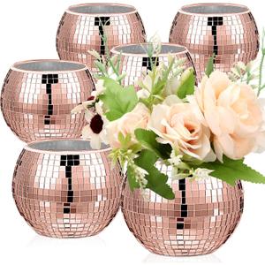 Inbagi 6 Pcs Disco Ball Planter Disco Ball Vase Centerpieces Mirror Glass Flower Vase Decor Candle Holder Bulk for Wedding Birthday Party Bedroom Kitchen Office (Rose Gold,3 x 4 Inch)