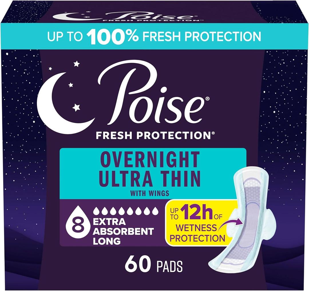 Poise Overnight Ultra Thin Incontinence & Postpartum Pads with Wings for Bladder Leaks, 8 Drop Extra Absorbent, Long Length, 60 Count (3 Packs of 20)