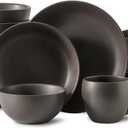 Dinnerware Sets, Stoneware Plates and Bowls Sets, Farmhouse 16 Piece Dish Set for 4, Ceramic Plates Set with Mugs for Kitchen, Scratch Resistant, Dishwasher & Microwave Safe, Matte Black