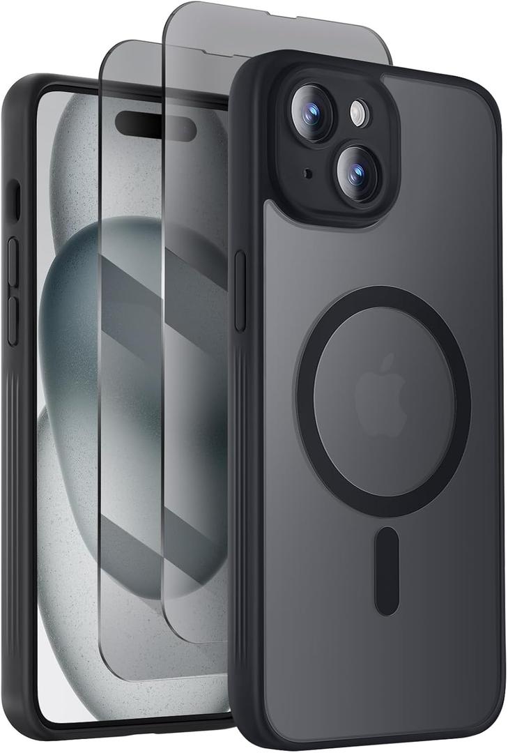 Symcele Designed for iPhone 15 Case, Compatible with MagSafe, with Privacy Screen Protectors X2, [Camera Protection] [15FT Military Drop Protection] Shockproof Phone Case, 6.1", Black