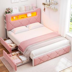 Full Upholstered LED Bed Frame with 2 Storage Drawers and 2-Tier Storage Headboard, Velvet Princess Platform Bed with Charging Station & Bookcase, Heavy Duty Metal Support, No Box Spring Needed, Pink