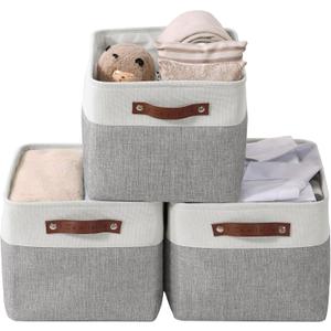 DECOMOMO Storage Bins Fabric Storage Baskets for Shelves, Linen Closet Organization Toys Nursery (Grey and White, Large - 3 Pack)
