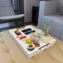 14x20 Inches White Faux Leather Wrapped Wood Serving Tray with Metal Handles for Various Occasions, Ottoman, Home Decor Decorative, Living Room, Coffee Table Organizer, Serving Breakfast On Bed