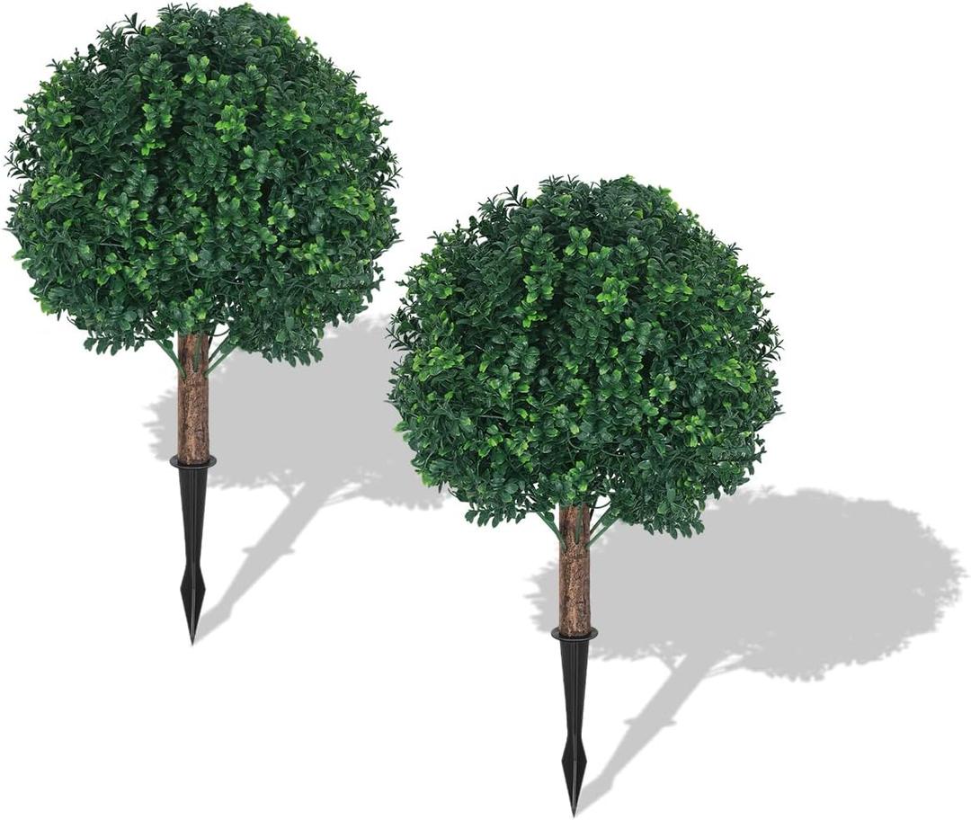 Tuenort Artificial Cypress Topiary Outdoor Plants with Spike, Faux Boxwood Bush Plants, UV Resistant Faux Greenery for Garden, Porch, Balcony (2 Pack)