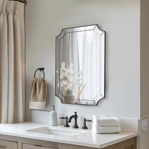 MOON MIRROR 24x36 Scalloped Bathroom Mirror, Black Rectangle Wall Mirror with Scallop Edge, Anti-Rust Curved Wall Mirror, Unique Design Ideal for Bathroom Remodel, Wall Mounted Horizontal & Vertical