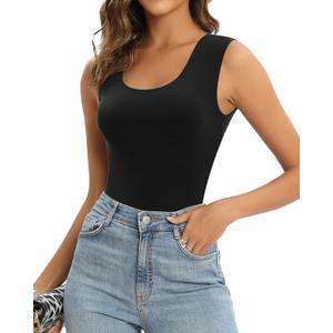 MANGOPOP Sleeveless Bodysuit For Women Scoop Neck Double Lined Tank Top Body Suit Basic Fitted Summer Going Out Tops (Large, Black) MANGOPOP Sleeveless Bodysuit For Women Scoop Neck Double Lined Tank Top Body Suit Basic Fitted Summer Going Out Tops (Large, Black)