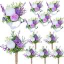 12 Pcs Wedding Corsage and Boutonniere Set Artificial Rose Wedding Corsage Wristband with Pins for Prom Men Bride Party Accessories Groom Groomsmen Bridesmaids Women (Purple and White)