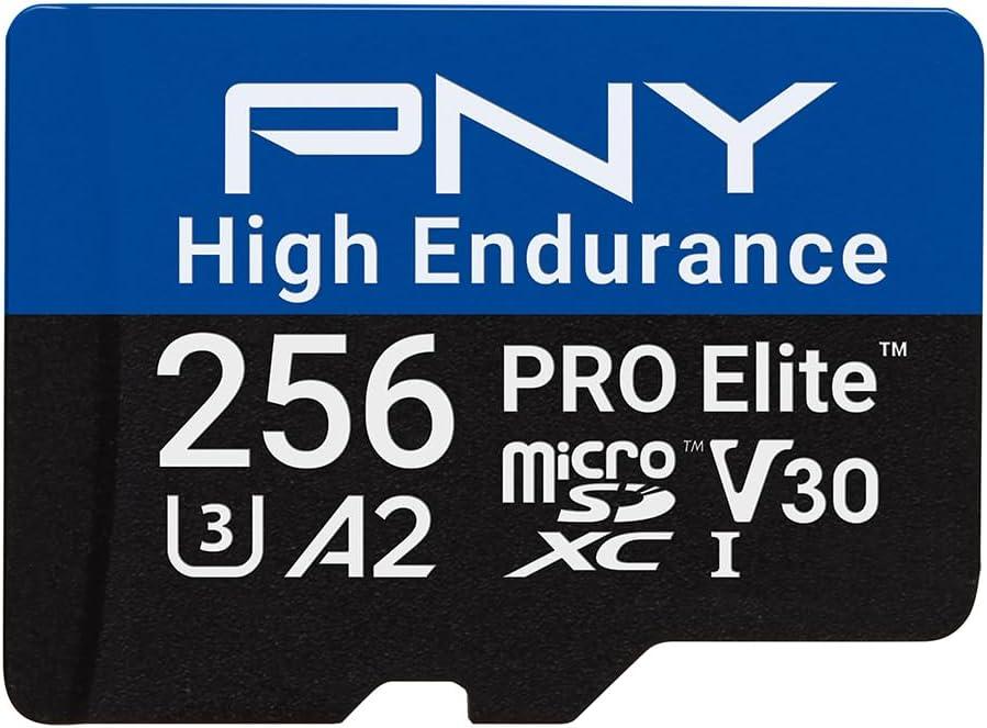 PNY 256GB PRO Elite High Endurance C10 U3 V30 A2 microSDXC  Up to 68.8K Continuous Recording Hours, Up to 100/90MB/s Read/Write, 4K UHD, Full HD, UHS-I, Surveillance, Home Security, Dash Cam