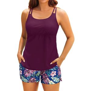 Tempt Me Two Piece Tankini Swimsuits for Women Tummy Control Bathing Suit with Shorts Athletic Two Side Pockets Swimwear (M)