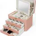 KAMIER Jewelry Organizer Box for Women - 4 Layer Drawer Jewellery Storage with Lock and Mirror - Jewelry Case for Necklaces Rings Bracelets Earring Holder Organizers (Pink)