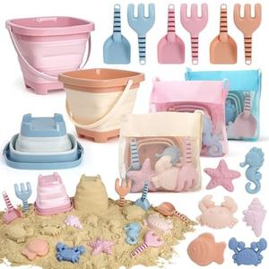 Dreamon Beach Toys Set for Kids 3-10, Collapsible Sand Buckets with Beach Molds and Mesh Bag, 3 Pack Shovels Set Sand Toys for Beach, Sandbox Travel Toys for Toddlers Kids