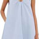 OLAPTA Women Summer Sleeveless Babydoll Scoop Neck Ruched Mini Tank Dress with Pockets L