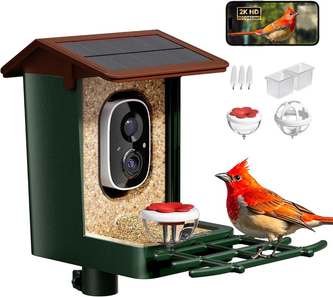 Smart Bird Feeder with Camera Solar Powered 2K HD Video, 10,000+ Species AI Recognition, Real-Time App Alerts, and Weatherproof Design for Effortless Birdwatching, Gift for Bird Lovers, Green Brown