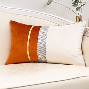 Yangest Burnt Orange Patchwork Velvet Lumbar Pillow Cover with Gold Striped Leather Cushion Case Modern Luxury Pillowcase for Sofa Couch Bedroom Living Room Home Decor, 12"x20"