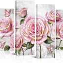 sechars Pink Roses Wall Art Flower and Butterflies Painting Pictures Modern Girl Bedroom Pink and Gold Decor