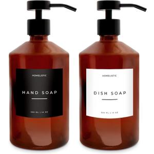 Luxury Glass Soap Dispenser Set of 2 - Elegant Amber Bottles with Matte Black Pumps, Ideal for Kitchen and Bathrooms, Perfect Glass Pump for Modern Homes.