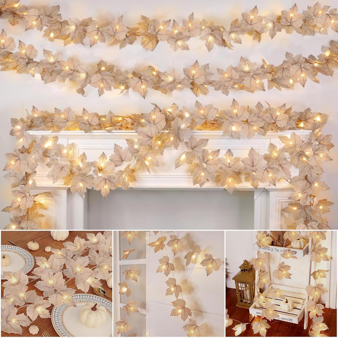 6 Pack & 120 LED Lights, Fall Thanksgiving Decorations Fall Garland, Total 39Ft Maples Leaf Garlands Fall Lights 6.5Ft/Piece Autumn Thanksgiving Garland for Indoor Home Fireplace Table Decor (Beige)