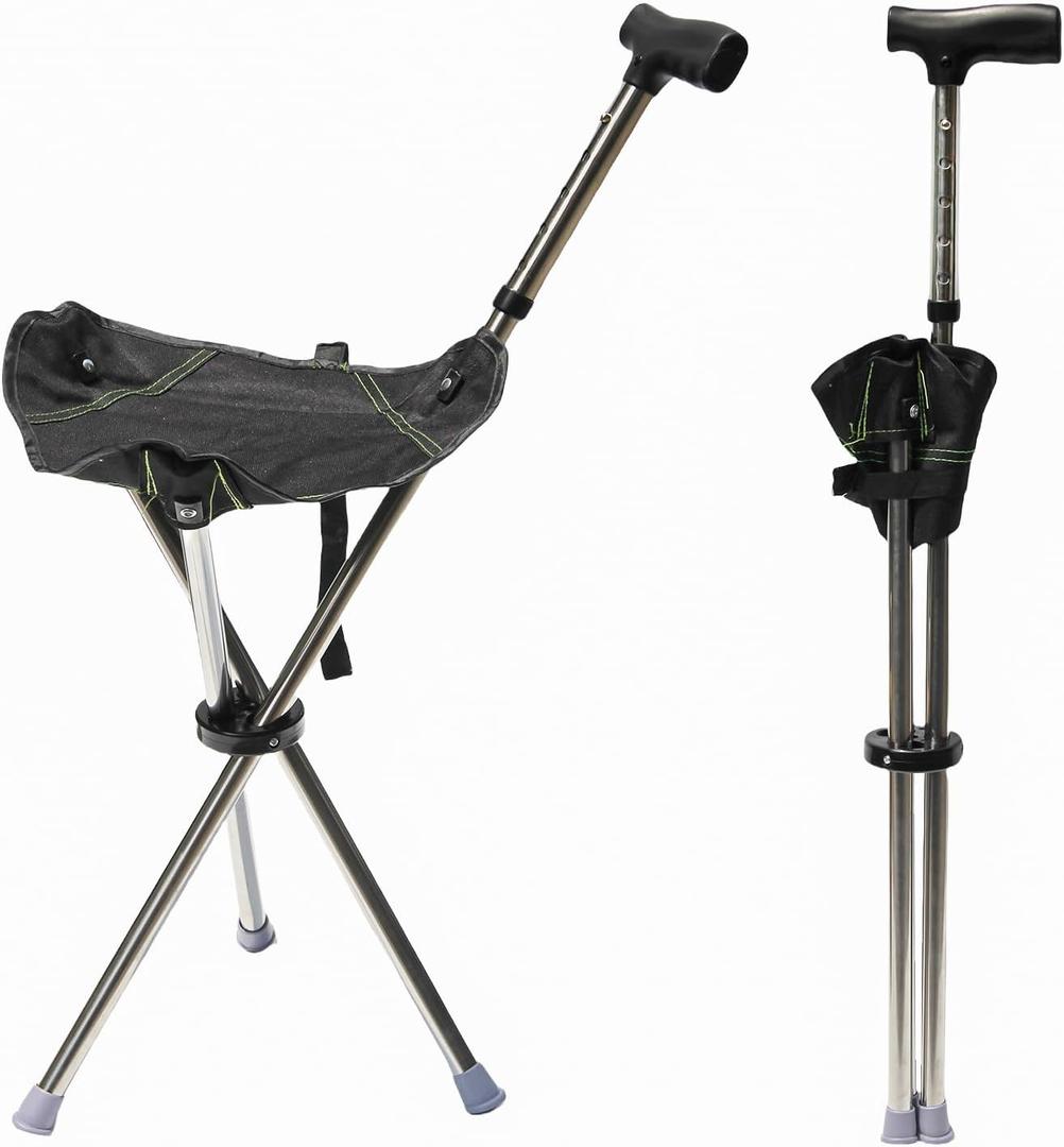 FATTCHIAR Cane with Seat, Walking Stick with Seats, Cane Chair Capacity 330lbs, Adjustable Height Folding Lightweight Portable Stool for Adults Seniors Hiking Camping (34"-38")