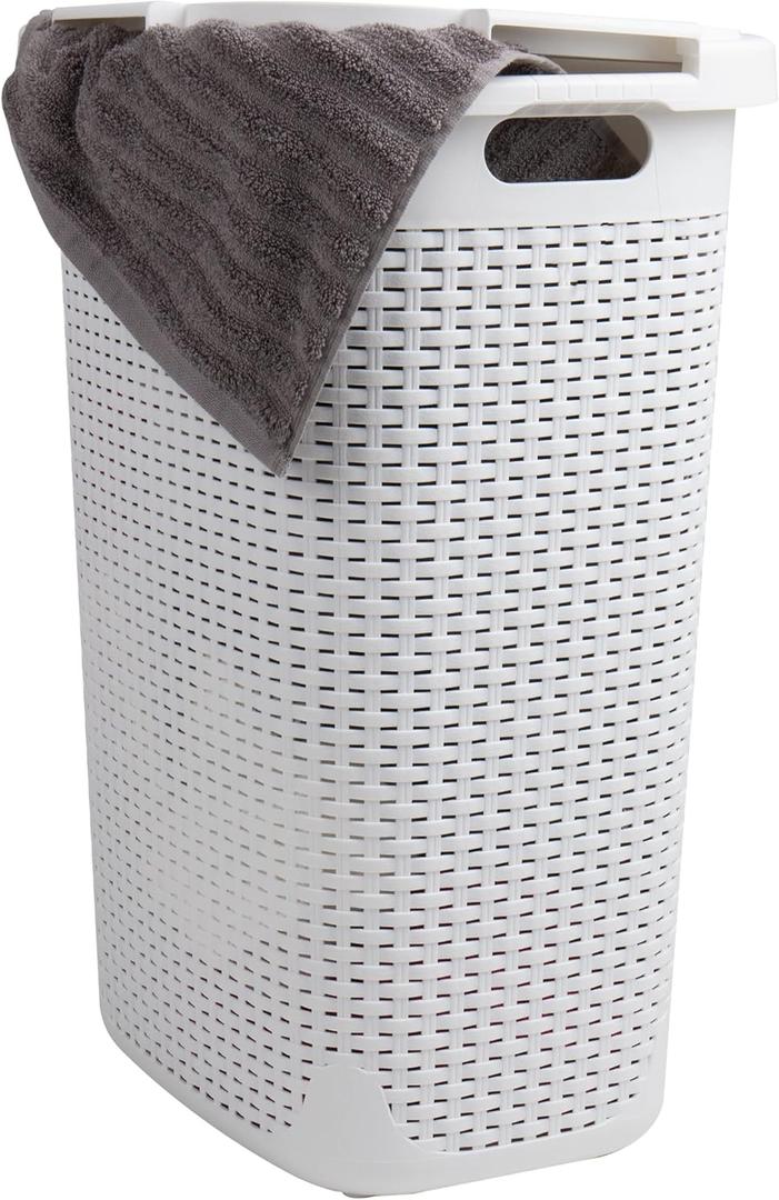 Mind Reader 60L Slim Laundry Hamper, Clothes Basket, Lid, Wicker Design, Plastic, 17.65"L x 13.75"W x 24.15"H, White