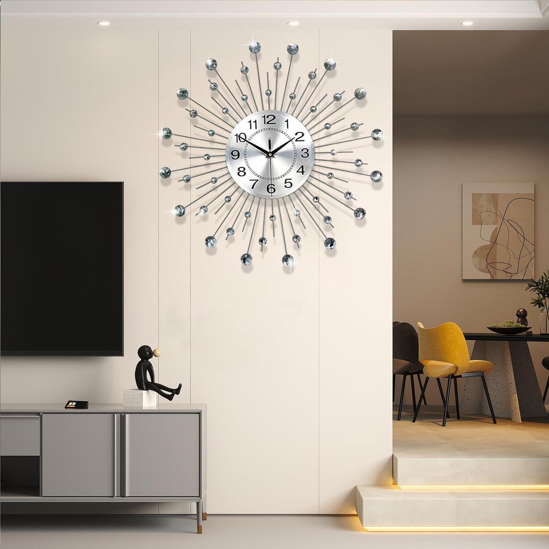 Wall Clocks for Living Room Decor Modern Silent Wall Clock Battery Operated Non-Ticking for Bedroom Kitchen Office Home Decoration 24 Inch Silver Drop Crystal Wall Watch Clock for Indoor