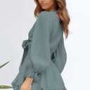 AlvaQ Womens Dresses Spring Summer Knot Front V Neck Ruffles Long Sleeve Floral Print Swing Mini Dress (Small, Slategrey)