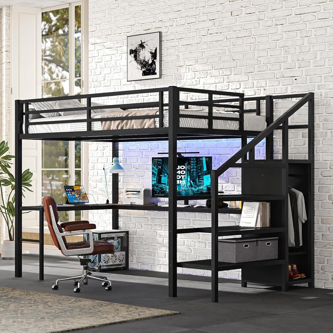 Loft Bed with L-Shaped Desk and USB, Metal Bed with Wardrobe and Adjustable Shelf, High Bed Frame with LED for Bedroom (Black, Full)