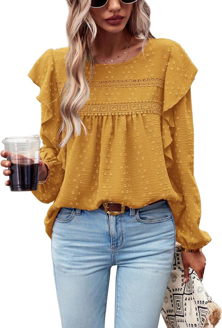 PRETTYGARDEN Women's Long Sleeve Shirts Ruffle Swiss Dot Crochet Loose Fit Tunic Dressy Casual Tops Blouses Spring Fashion (XS)