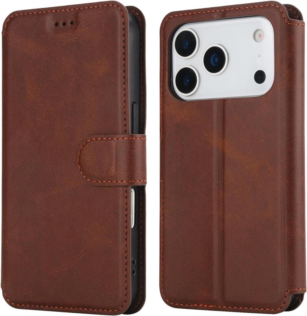 QLTYPRI Case for iPhone 17 Pro Max Premium PU Leather Simple Wallet Case Card Slots Kickstand Magnetic Closure Shockproof Flip Cover for iPhone 17 Pro Max 6.9 inches - Brown