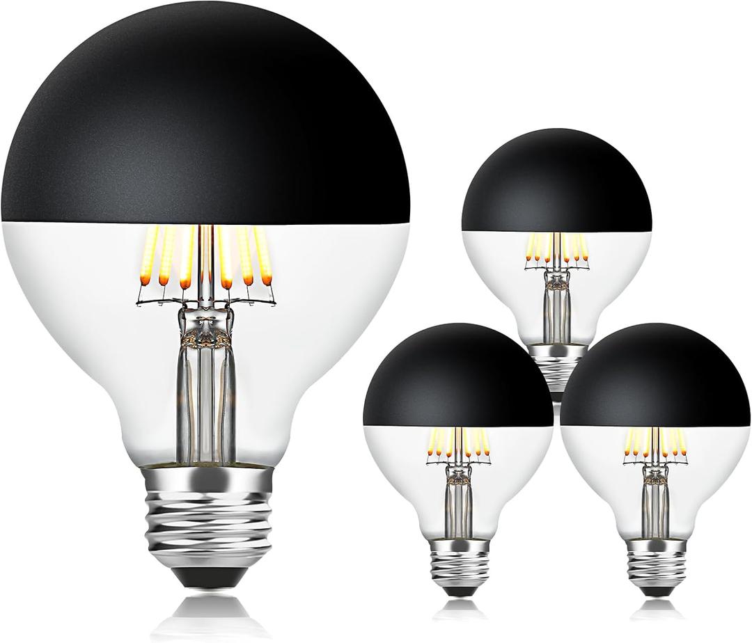 OMED G80 2200K Warm White Anti Glare Half Black Chrome LED Light Bulbs, E26 Dimmable Globe Dipped Edison Bulbs, 6 Watt 600 Lumens Large Black Tipped Round Bulbs for Bedroom, Living Room, 4 Pack