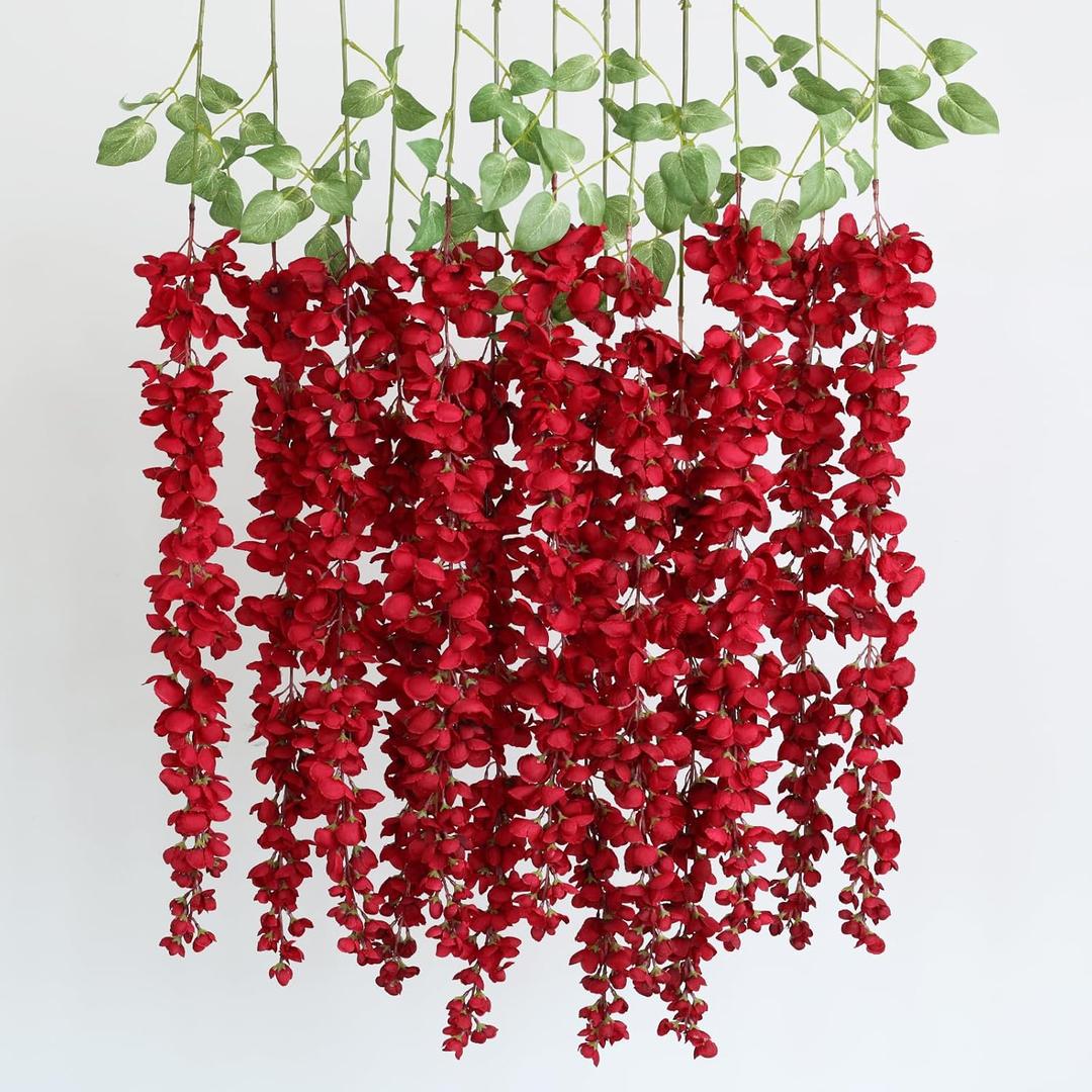 mizii 6Pcs Red Wisteria Hanging Flowers 48" Silk Wisteria Artificial Flowers Garland Vines Fake Hanging Flowers Decoration for Wedding Flower Wall Backdrop Centerpieces Room Decor (Red)