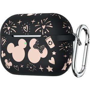 Compatible with Airpods Pro 2nd/1st Generation Case Cover with Keychain, Women Men Soft Silicone Two-Tone Cute Cartoon Engraved Convenience Protective Case, Front LED Visible Black/Pink